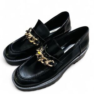 Zara Black Loafers with Gold Chain Accent size 8